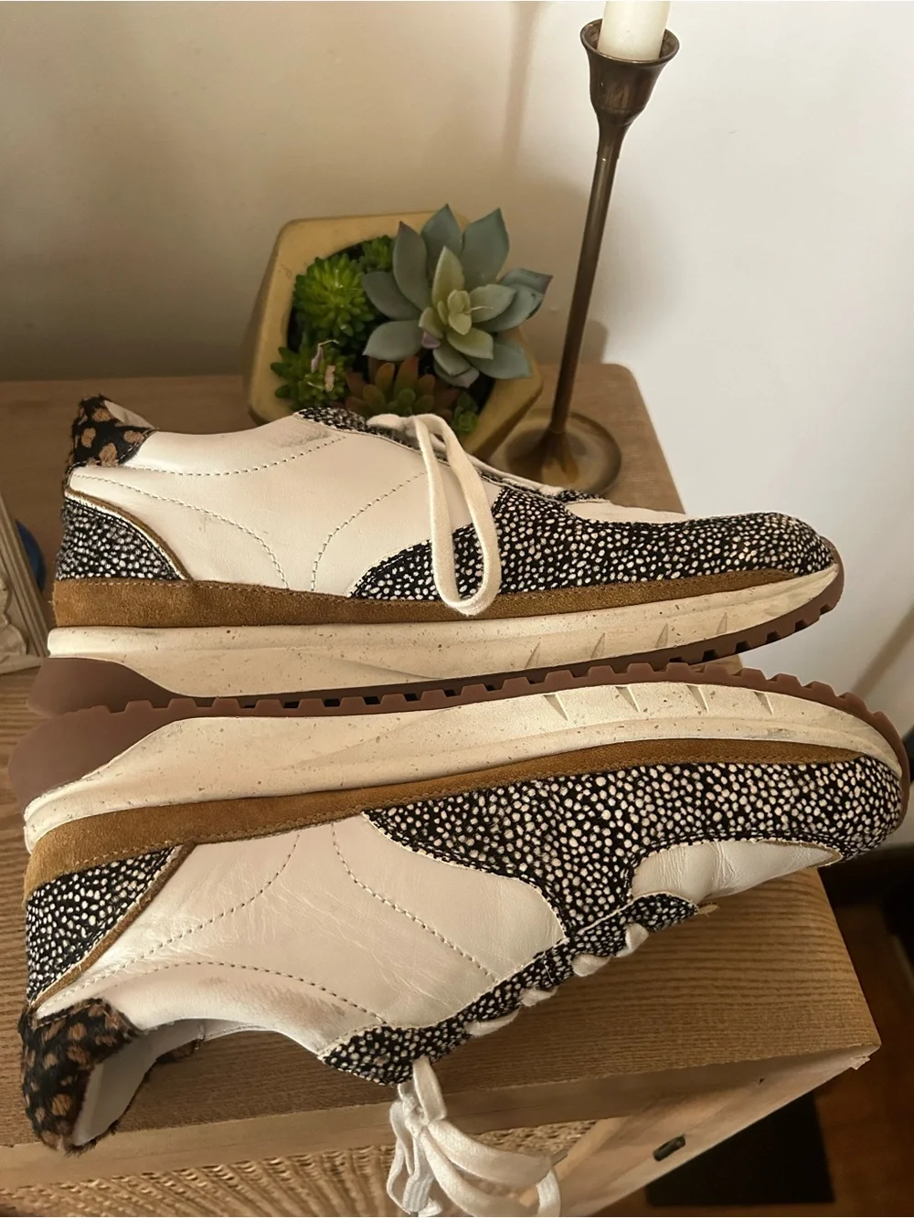 Madewell‎ Kickoff Trainer Sneakers Olive Grove Multi Leather Spots White Tan 9